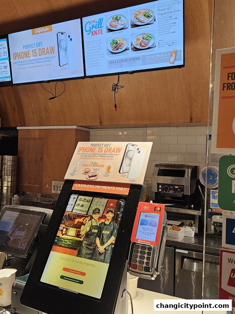 A digital menu and payment terminal at The Soup Spoon Union.