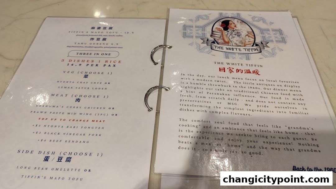 A menu from The White Tiffin featuring traditional Chinese and Peranakan dishes.
