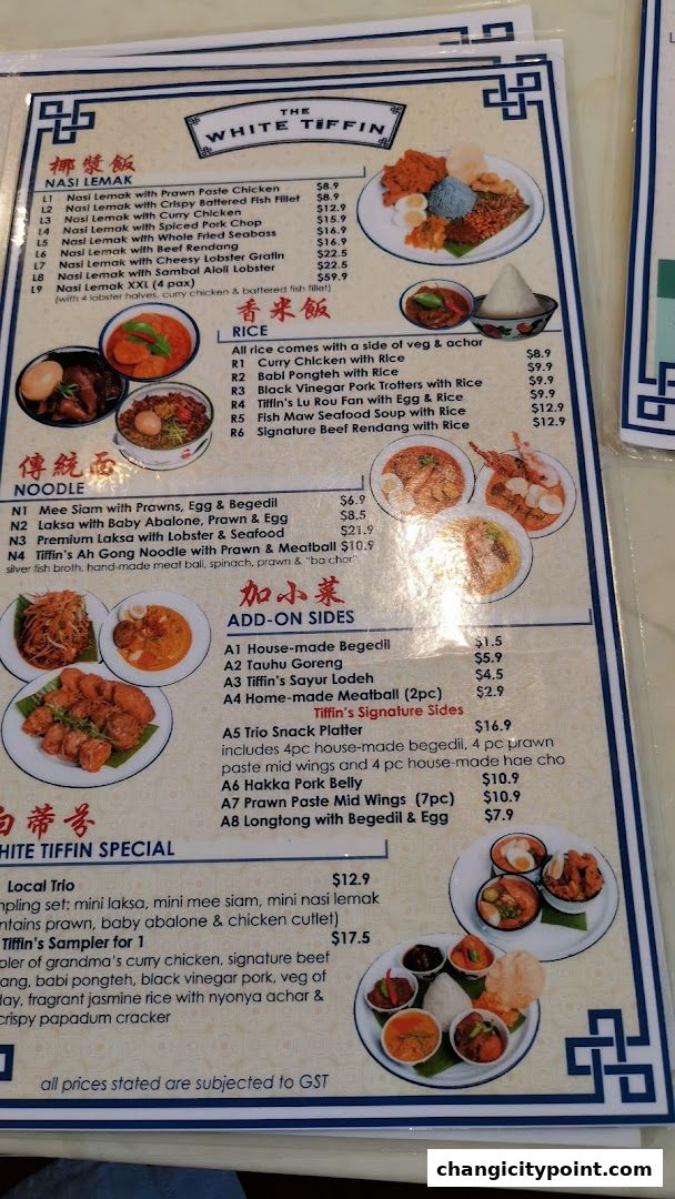 A menu from The White Tiffin featuring Nasi Lemak, Rice, Noodles, Add-on Sides, and Specials.