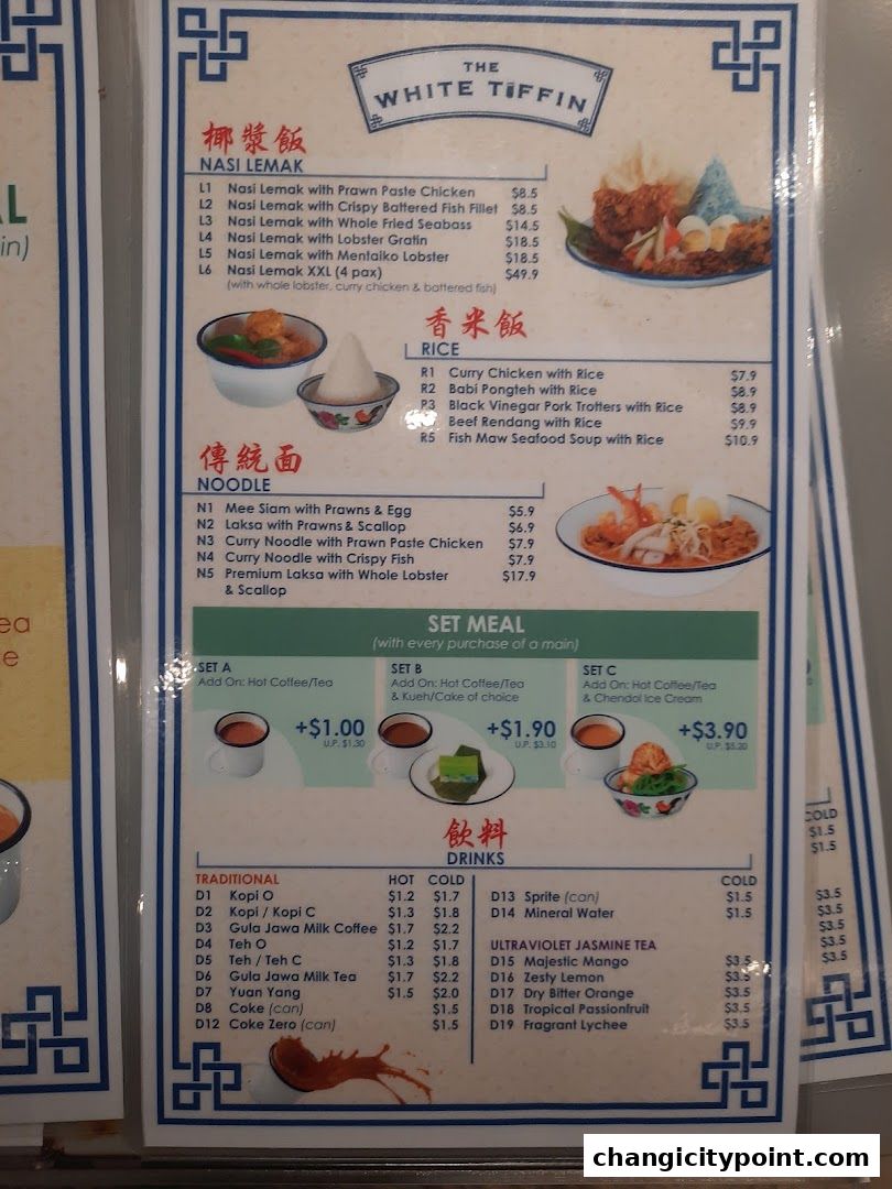 A menu for The White Tiffin featuring Nasi Lemak, Rice, Noodles, Set Meals, and Drinks.