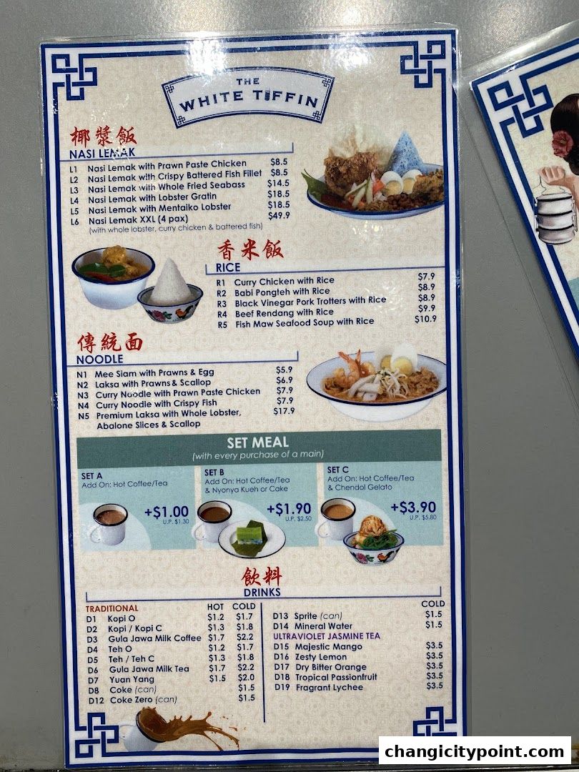 A menu from The White Tiffin featuring Nasi Lemak, Rice, Noodles, Set Meals, and Drinks.