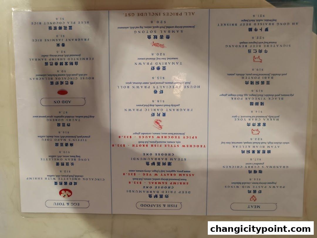 A menu from The White Tiffin Changi City Point with various dishes and prices.