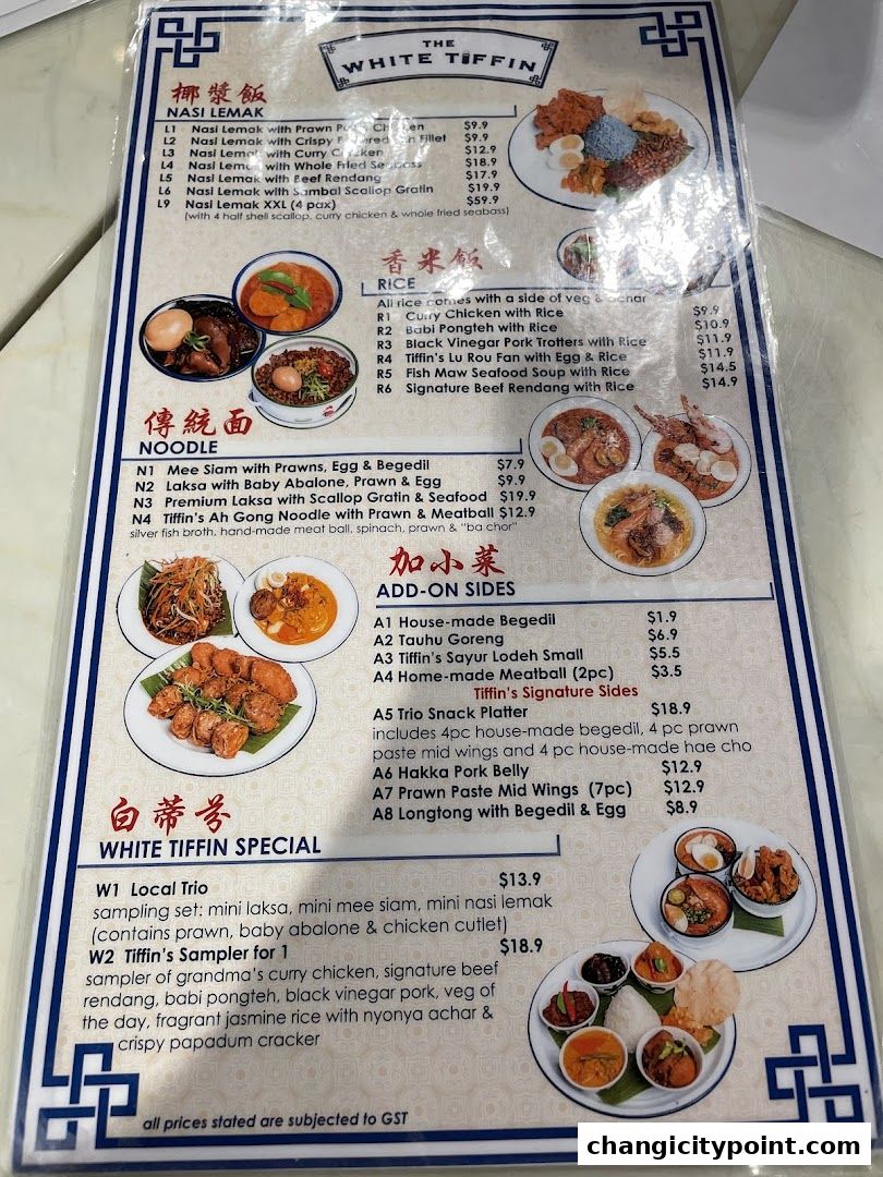 A menu from The White Tiffin featuring Nasi Lemak, Rice dishes, Noodles, and specials.