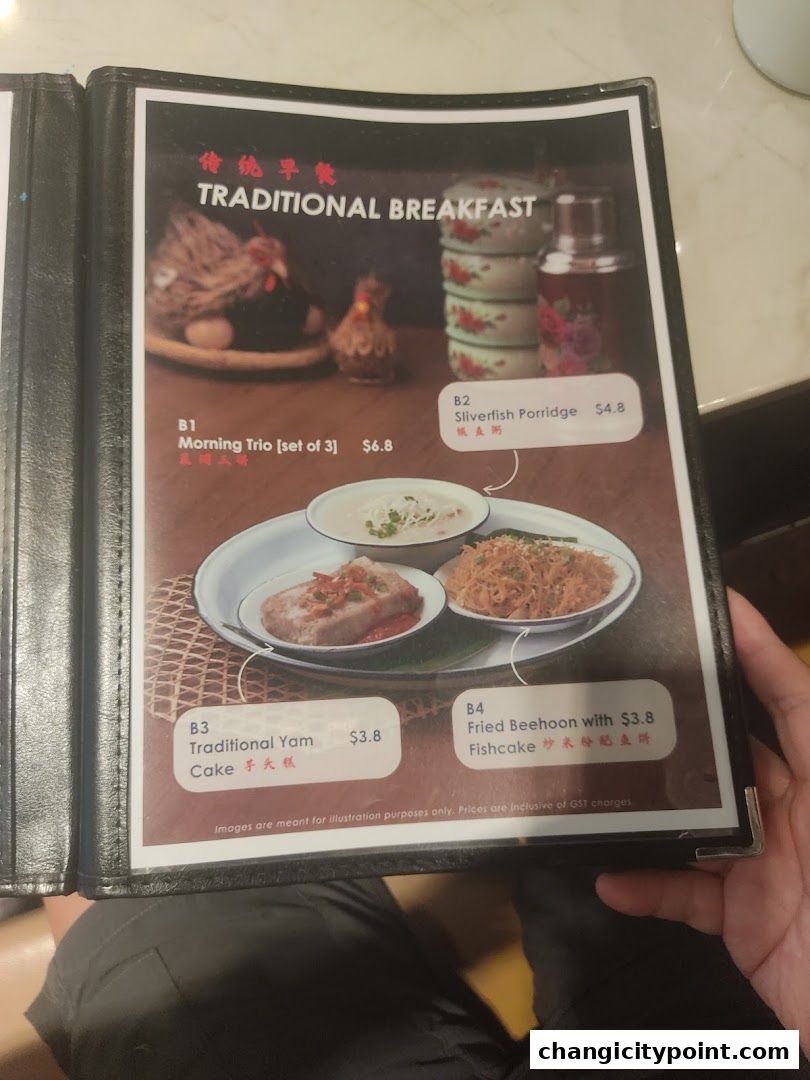 A menu page showcasing traditional breakfast items with prices and images.