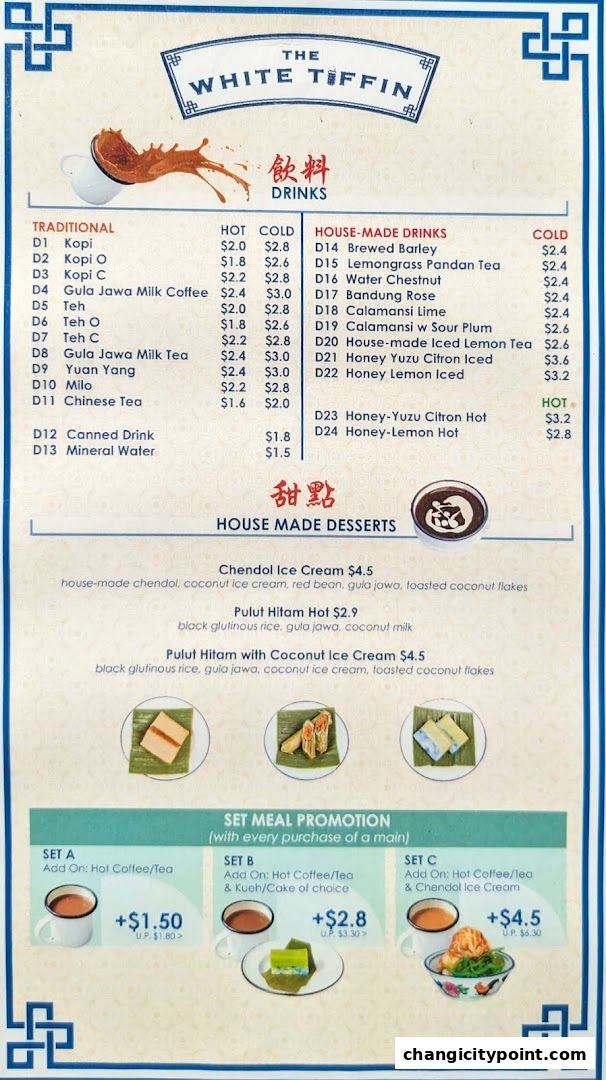 A menu for The White Tiffin featuring drinks, desserts, and set meal promotions.