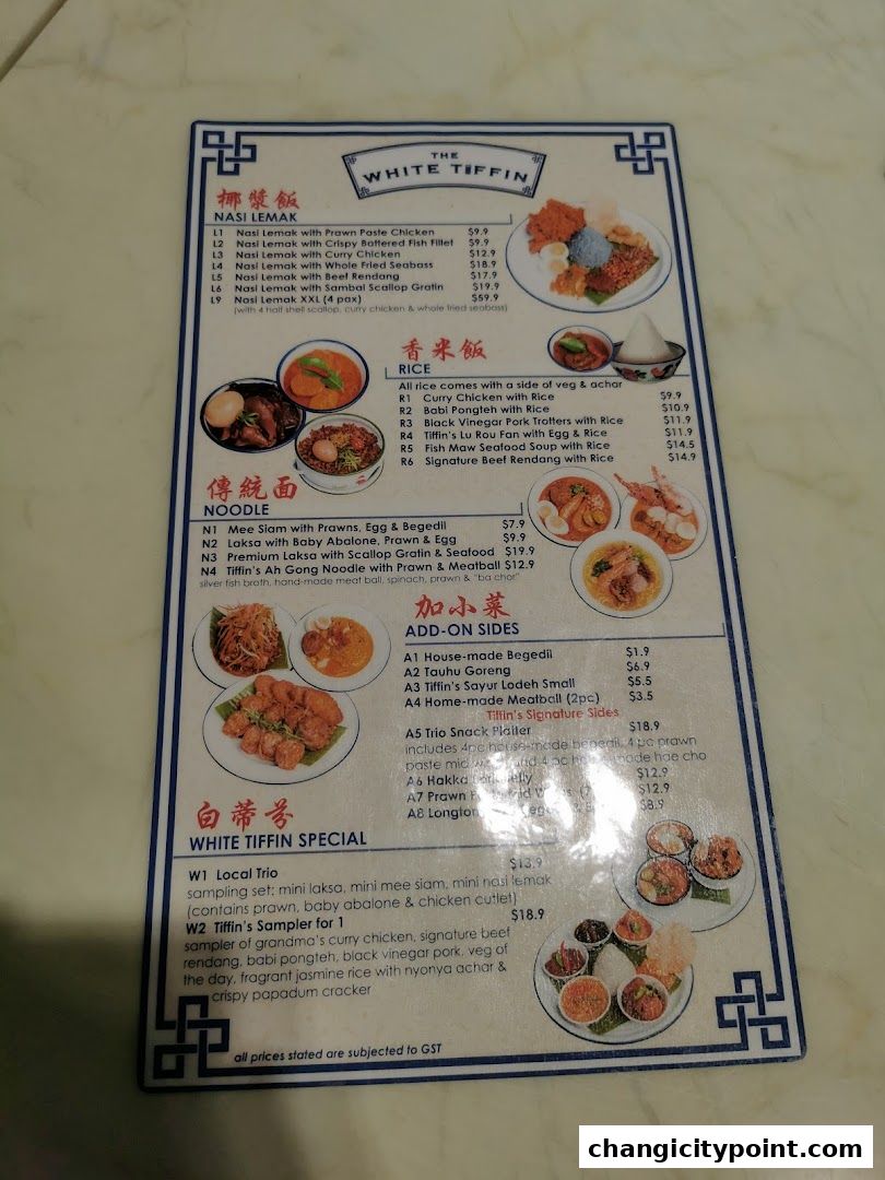 A menu from The White Tiffin featuring Nasi Lemak, Rice, Noodles, Add-on Sides, and Specials.