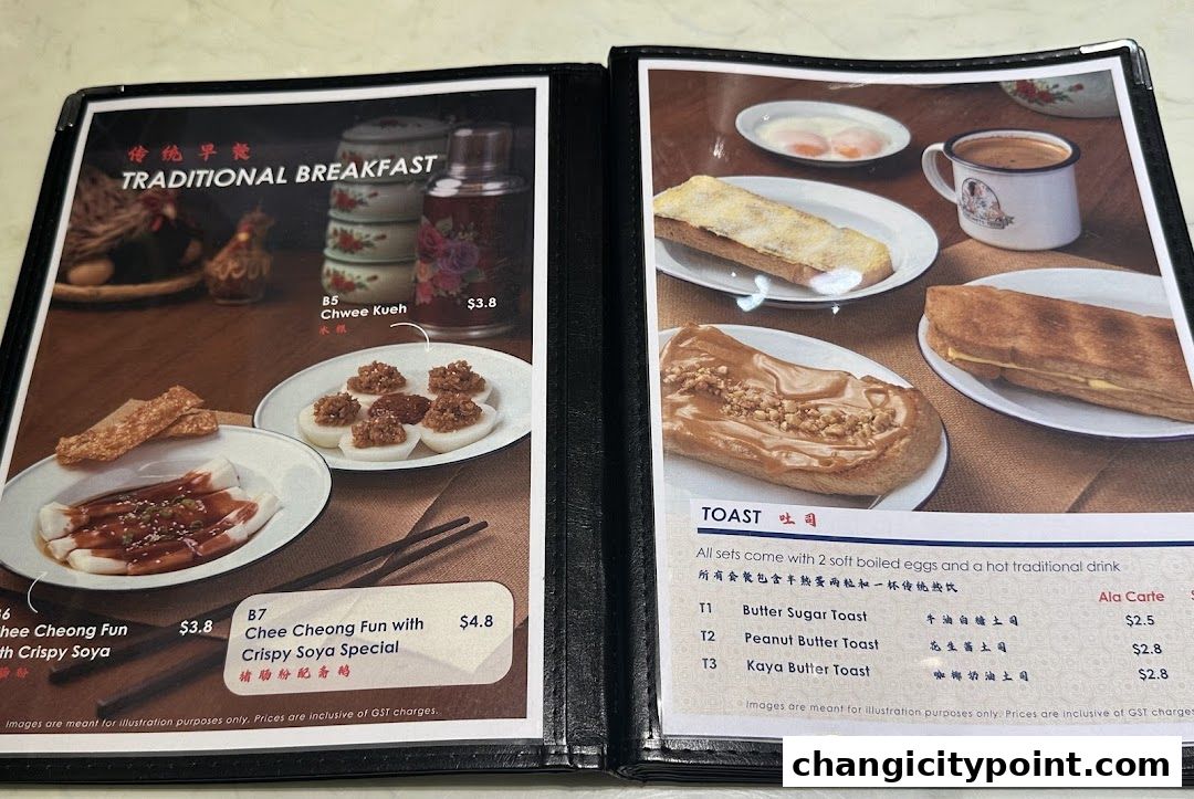 A menu featuring traditional breakfast items like Chee Cheong Fun and various toasts.
