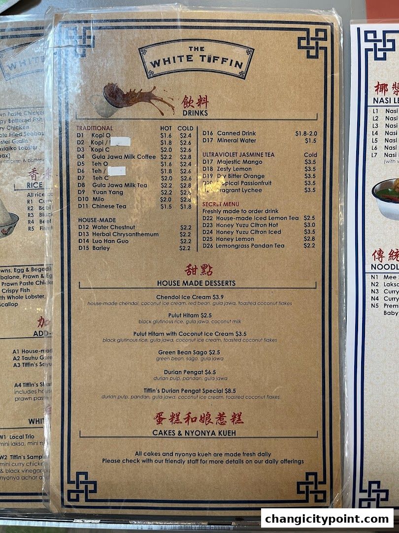 A menu from The White Tiffin featuring drinks, desserts, cakes, and nyonya kueh.