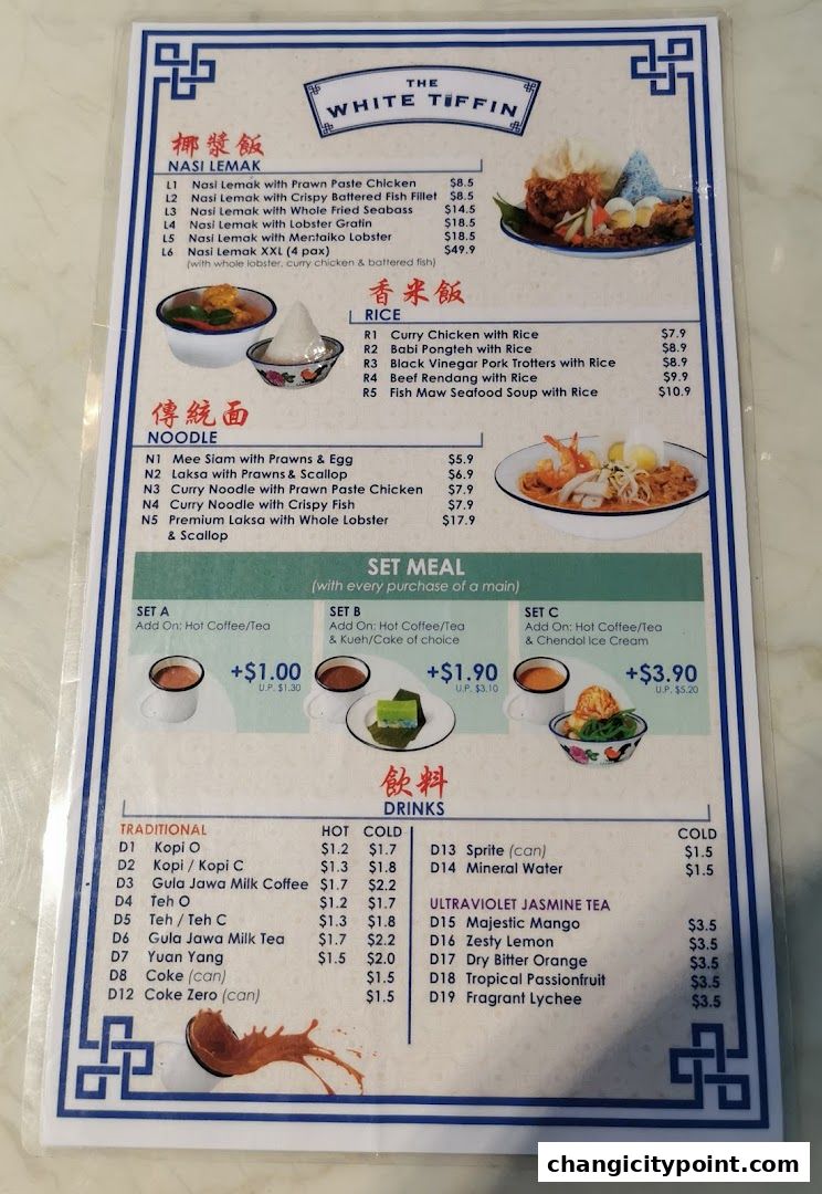 A menu from The White Tiffin featuring Nasi Lemak, Rice, Noodles, Set Meals, and Drinks.