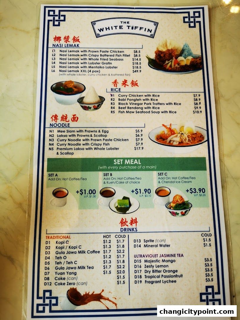 A menu from The White Tiffin featuring Nasi Lemak, Rice, Noodles, Set Meals, and Drinks.