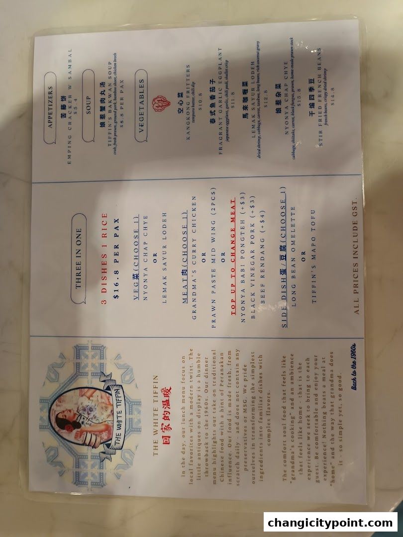 A menu from The White Tiffin featuring appetizers, soups, vegetables, and set meals.