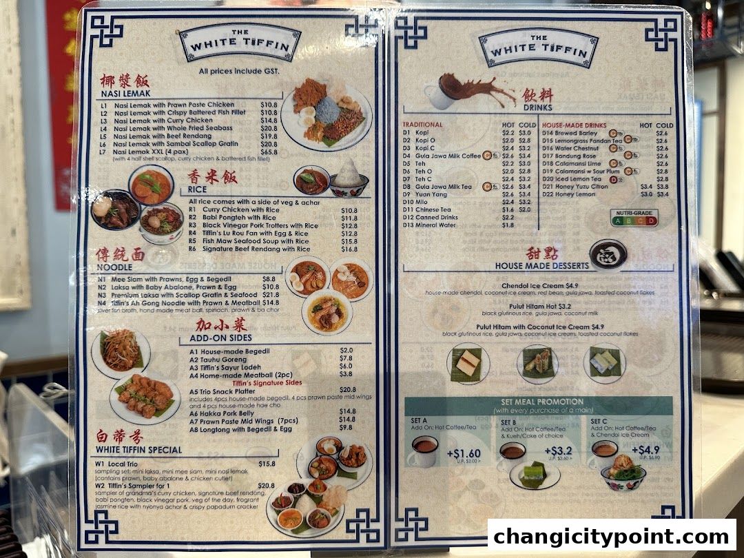 A menu for The White Tiffin restaurant, featuring Nasi Lemak, Rice, Noodles, Drinks, Desserts, and Set Meals.