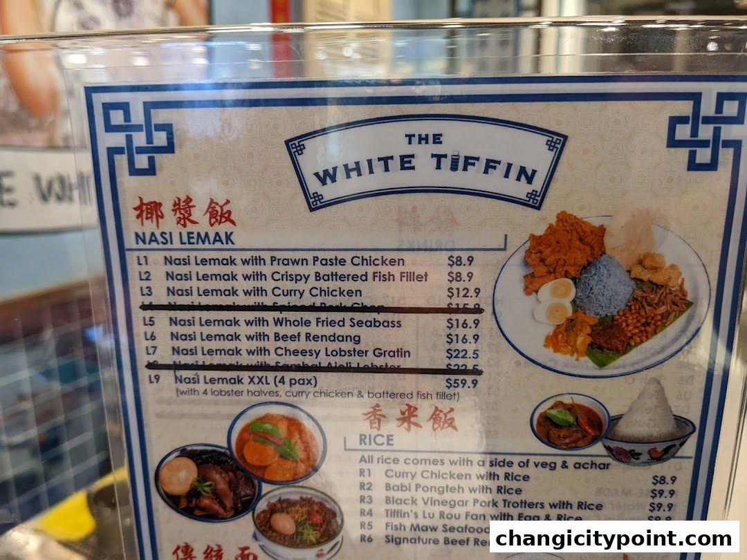 A menu for The White Tiffin featuring Nasi Lemak and Rice dishes with prices.
