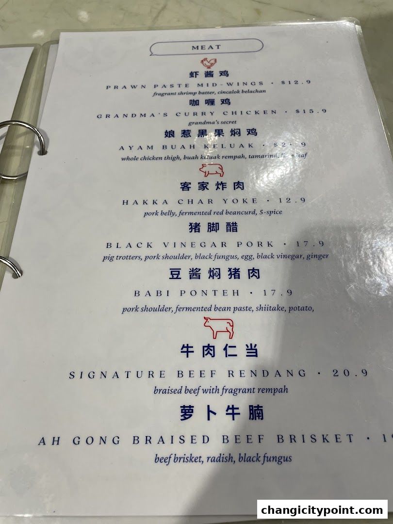 A menu page from The White Tiffin Changi City Point featuring meat dishes.