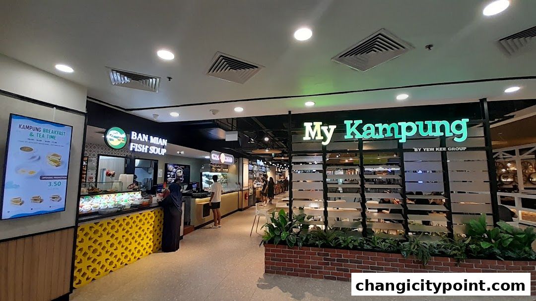 A food court with various eateries, including My Kampung and Ban Mian Fish Soup.