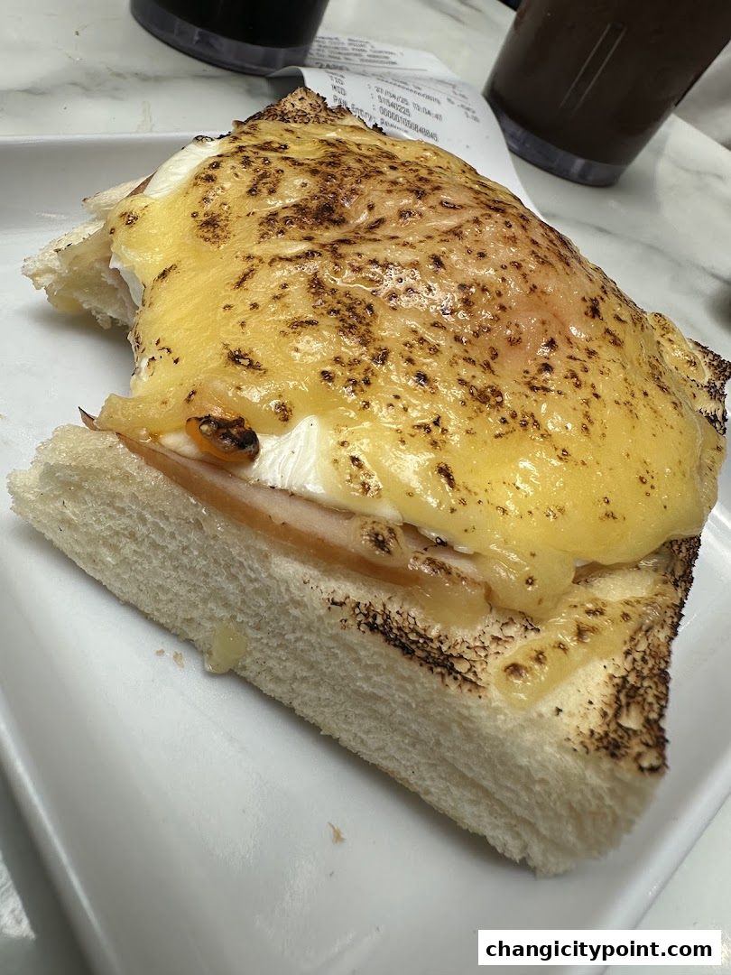A close-up of a toasted sandwich with melted cheese and a drink in the background.