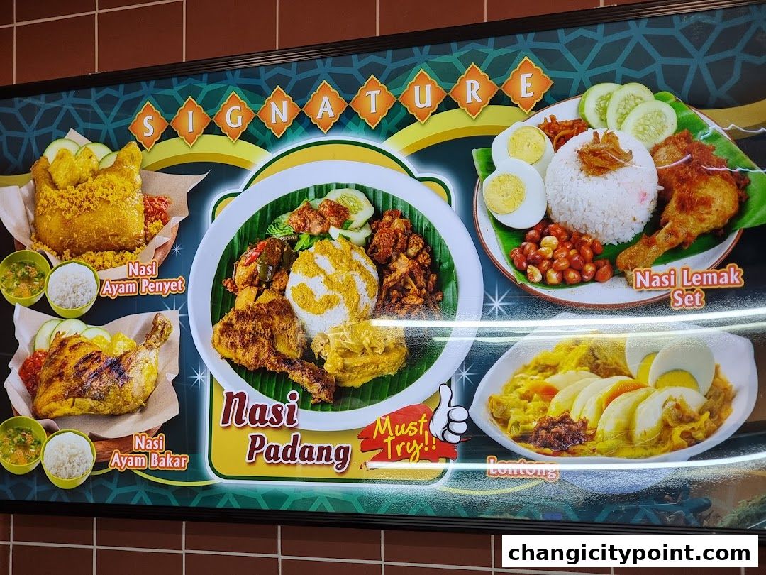 A menu board displaying various Indonesian dishes like Nasi Padang, Nasi Ayam Penyet, Nasi Lemak Set, and Lontong.