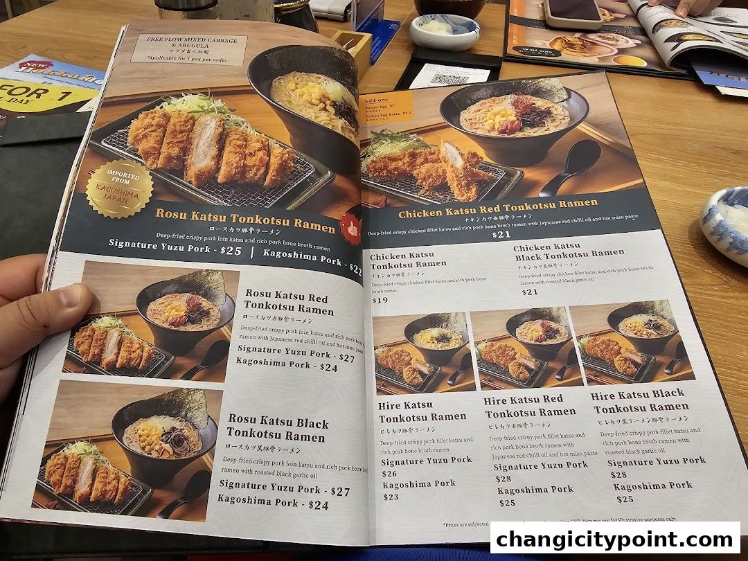 A menu from Tonkatsu ENbiton Changi City Point featuring various tonkatsu and ramen dishes.