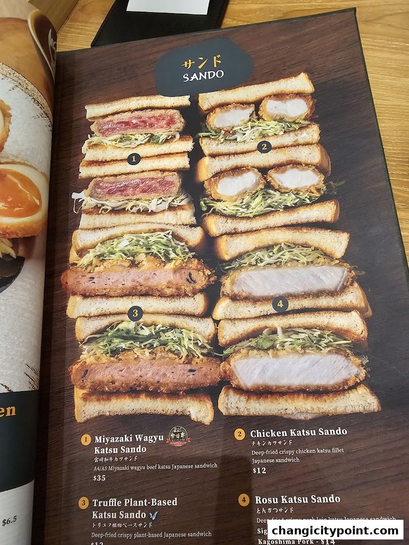 A menu page showcasing various katsu sando sandwiches with detailed descriptions and prices.
