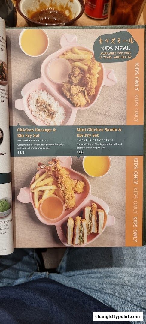 A menu page showcasing kids' meal sets with fried chicken, shrimp, and sandwiches.