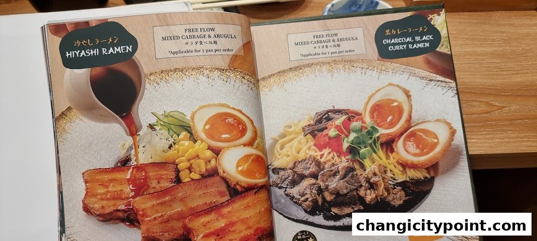 A menu showcasing two ramen dishes: Hiyashi Ramen and Charcoal Black Curry Ramen.