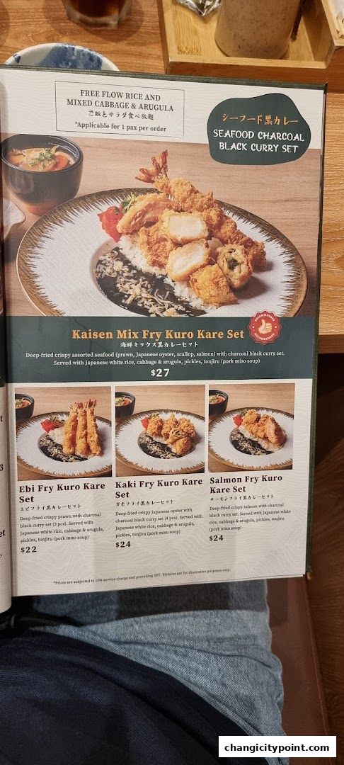 A menu featuring various deep-fried seafood sets with black curry.