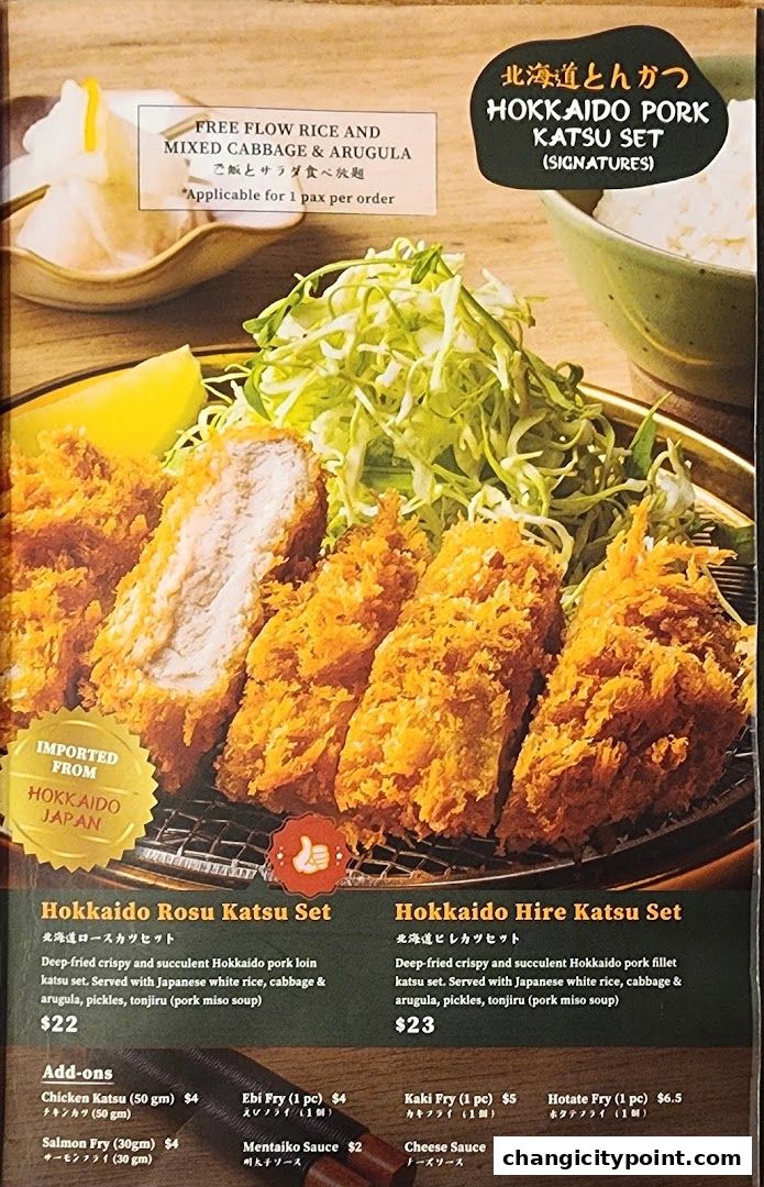 A menu featuring Hokkaido Pork Katsu Sets with detailed descriptions and prices.