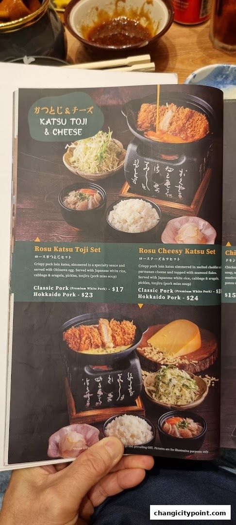 A menu page showcasing Tonkatsu Toji and Cheesy Katsu sets with detailed descriptions and prices.