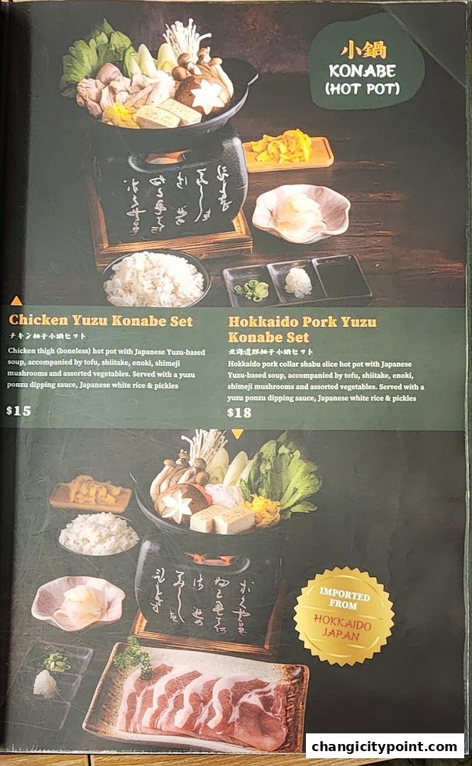 A menu page showcasing two Konabe (hot pot) sets: Chicken Yuzu and Hokkaido Pork Yuzu.