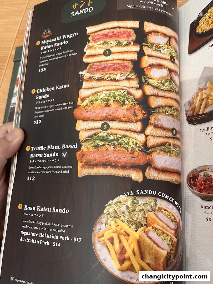 A menu page showcasing various Katsu Sando sandwiches with descriptions and prices.