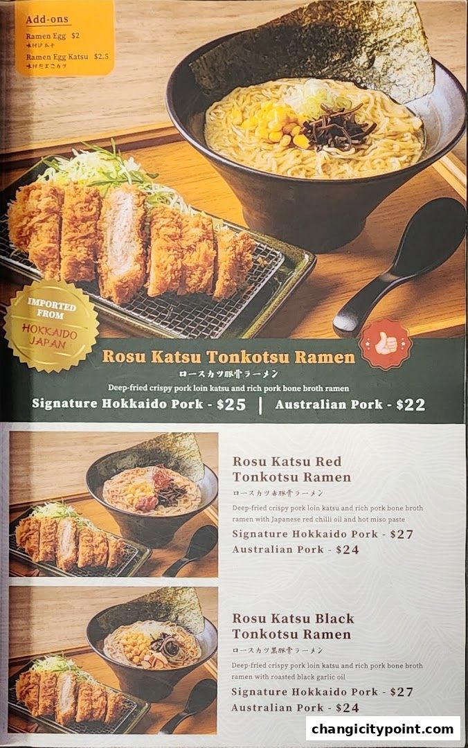 A menu showcasing Tonkatsu Ramen dishes with pork options and add-ons.