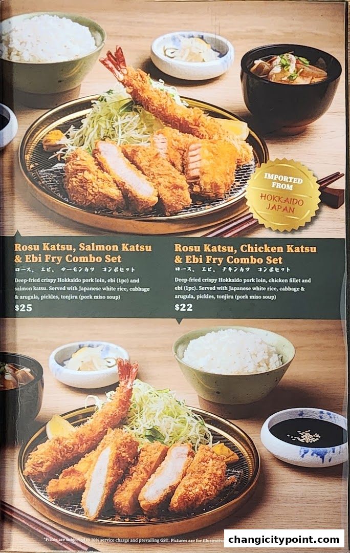 A menu showcasing two combo sets featuring deep-fried pork, salmon or chicken katsu, and shrimp.