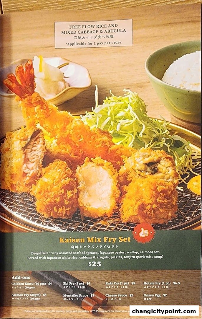 A menu showcasing the Kaisen Mix Fry Set with various fried seafood and add-ons.