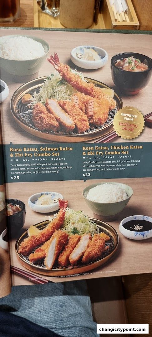 A menu showcasing two katsu combo sets with deep-fried pork, salmon or chicken, and shrimp.