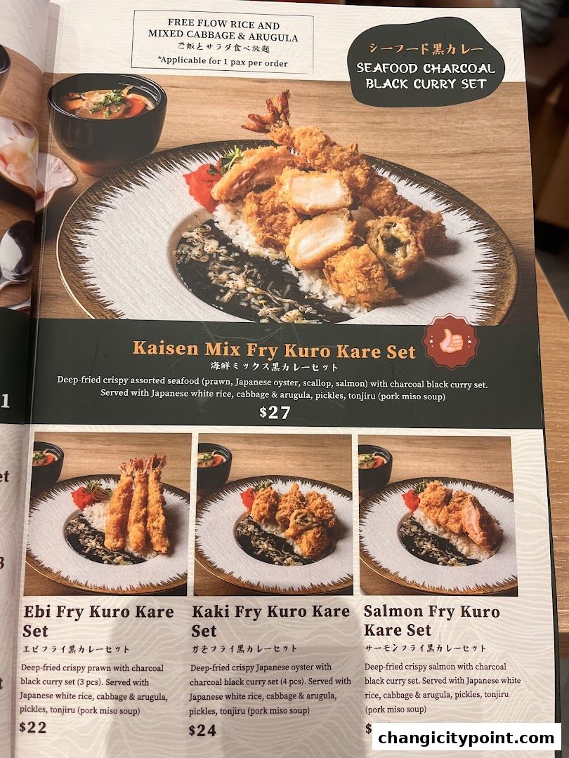 A menu showcasing various deep-fried curry sets with seafood and salmon.