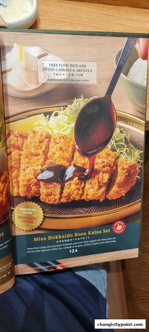 A menu item featuring a deep-fried pork loin katsu with miso sauce, served with rice and salad.