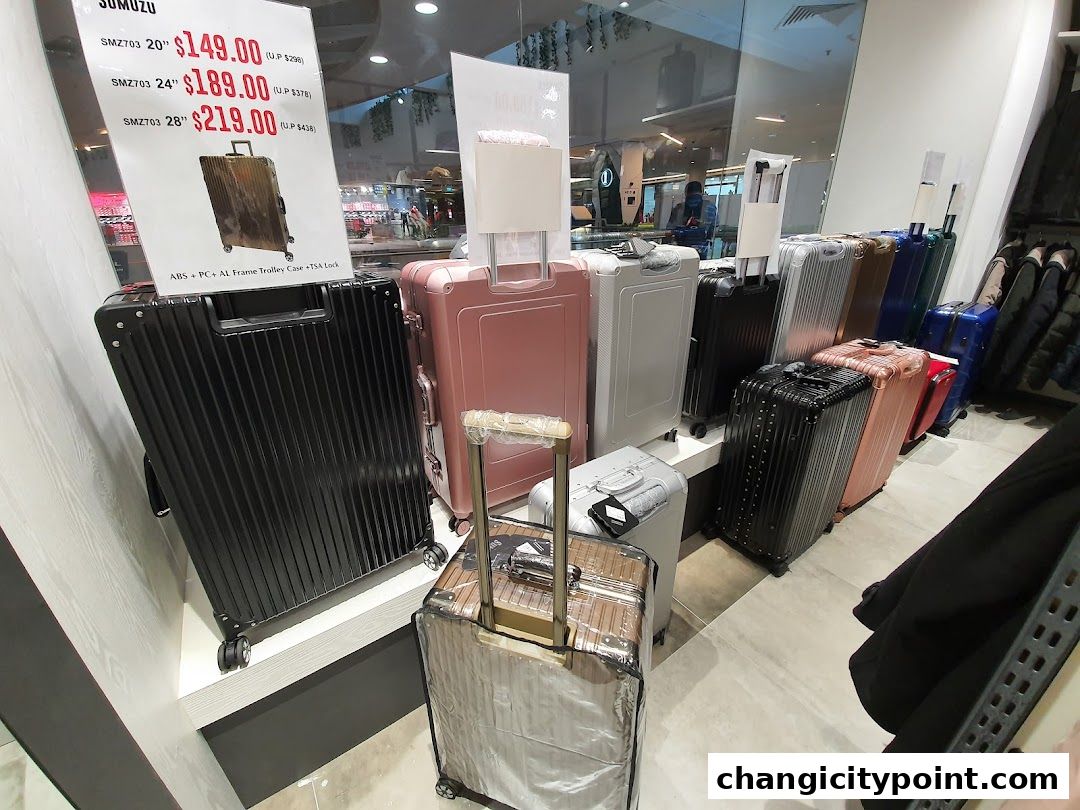 A display of various sizes and colors of luggage, with price tags visible.