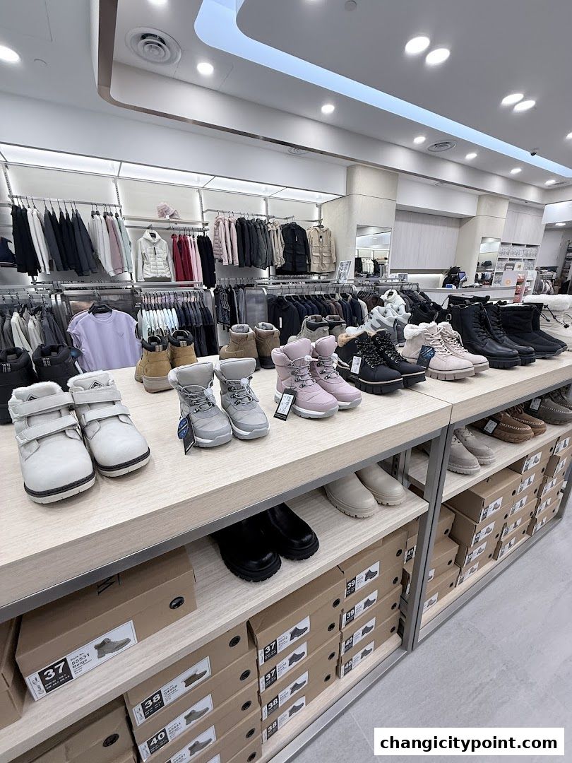 A retail store interior displaying a wide selection of winter boots and jackets.