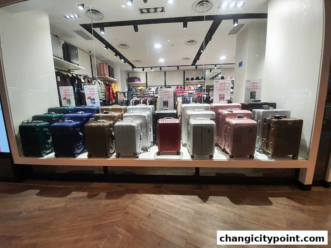 A display of various colorful suitcases and travel bags inside a retail store.