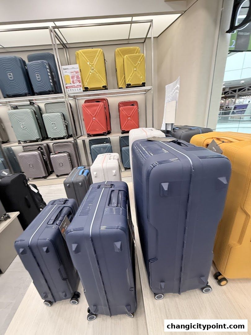 A wide selection of colorful suitcases displayed on shelves and the floor.