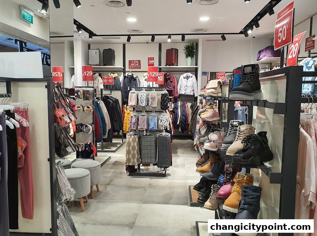 Interior view of a clothing and footwear store with various apparel and shoes on display.