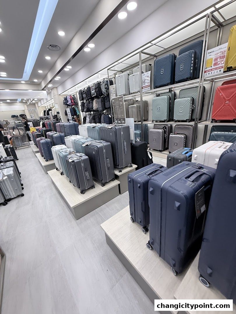 A wide selection of luggage and backpacks displayed in a retail store.