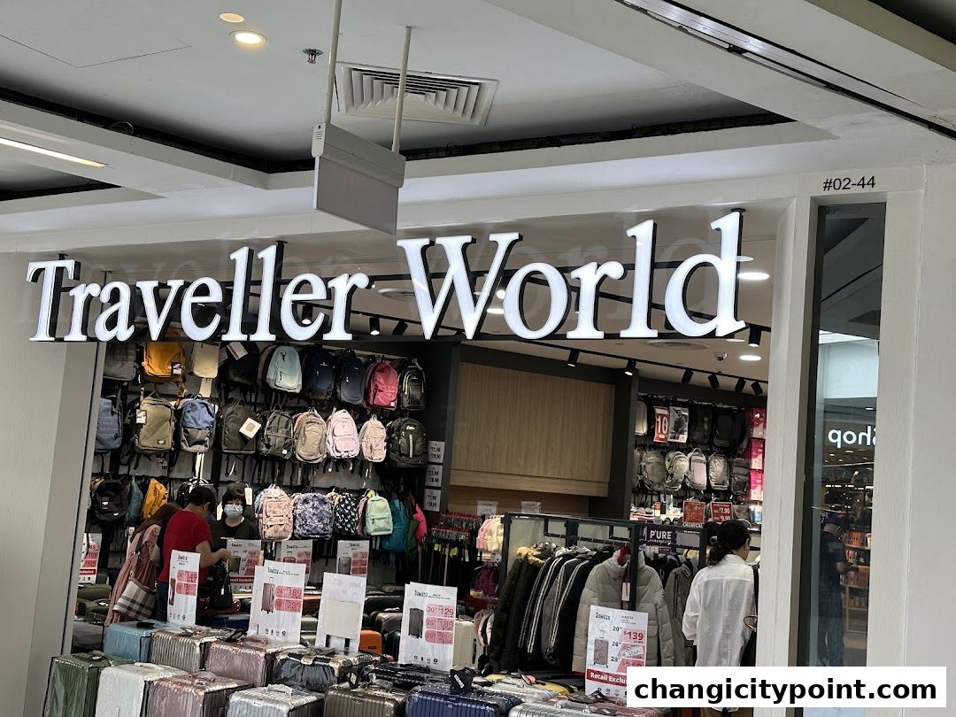 Traveller World shop front displaying a wide selection of backpacks and luggage.