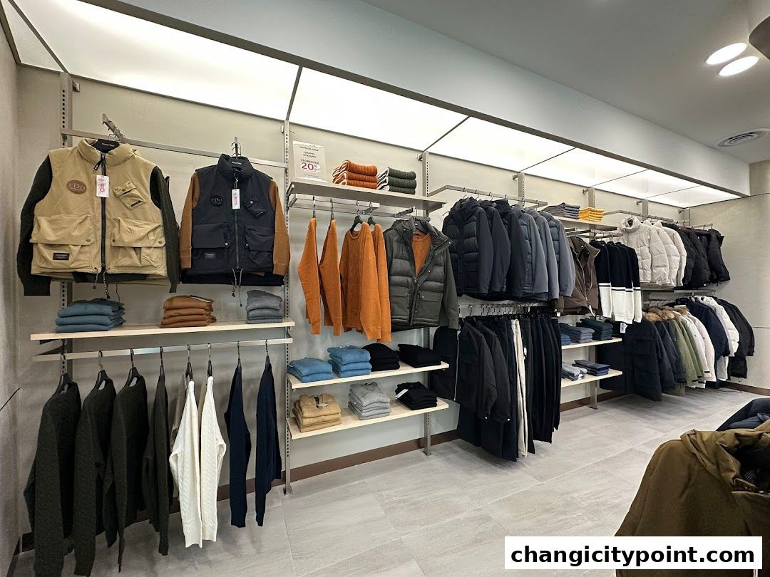 Interior view of a clothing store displaying a variety of jackets, sweaters, and vests.