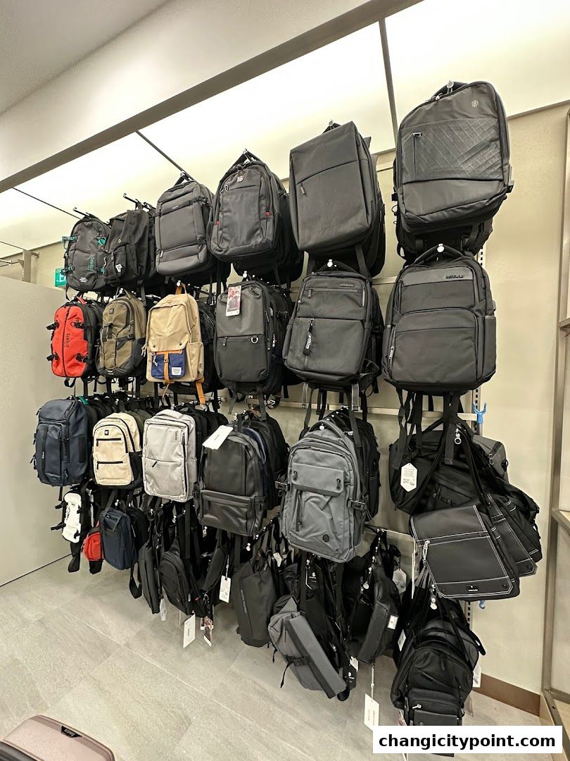 A wide selection of backpacks and bags are displayed on racks in a retail store.