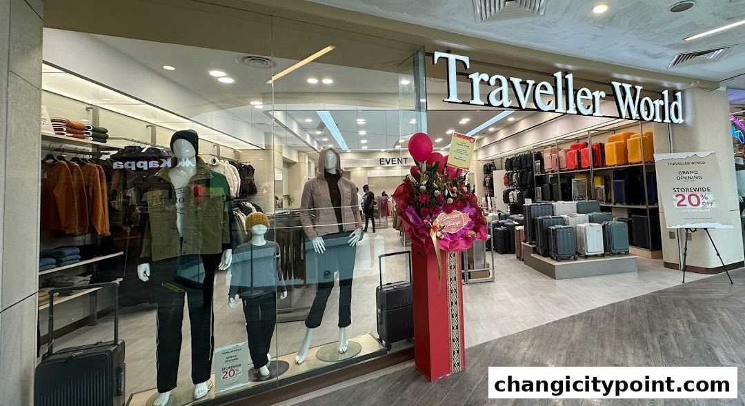 Traveller World shop front displaying luggage and apparel with a grand opening sale.