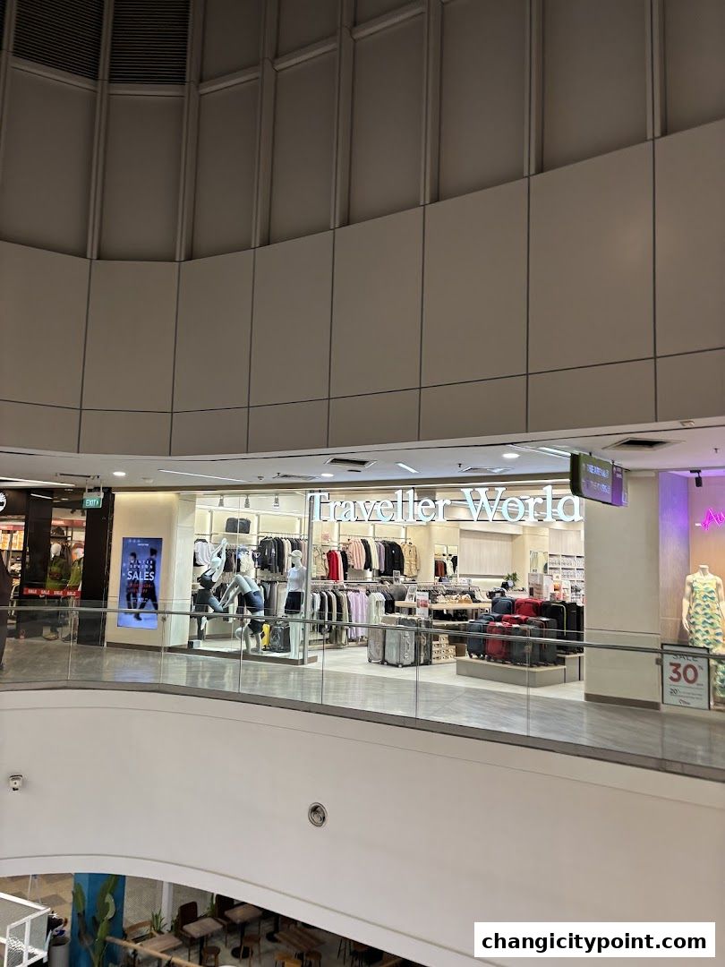 The exterior of Traveller World shop, showcasing apparel and luggage.