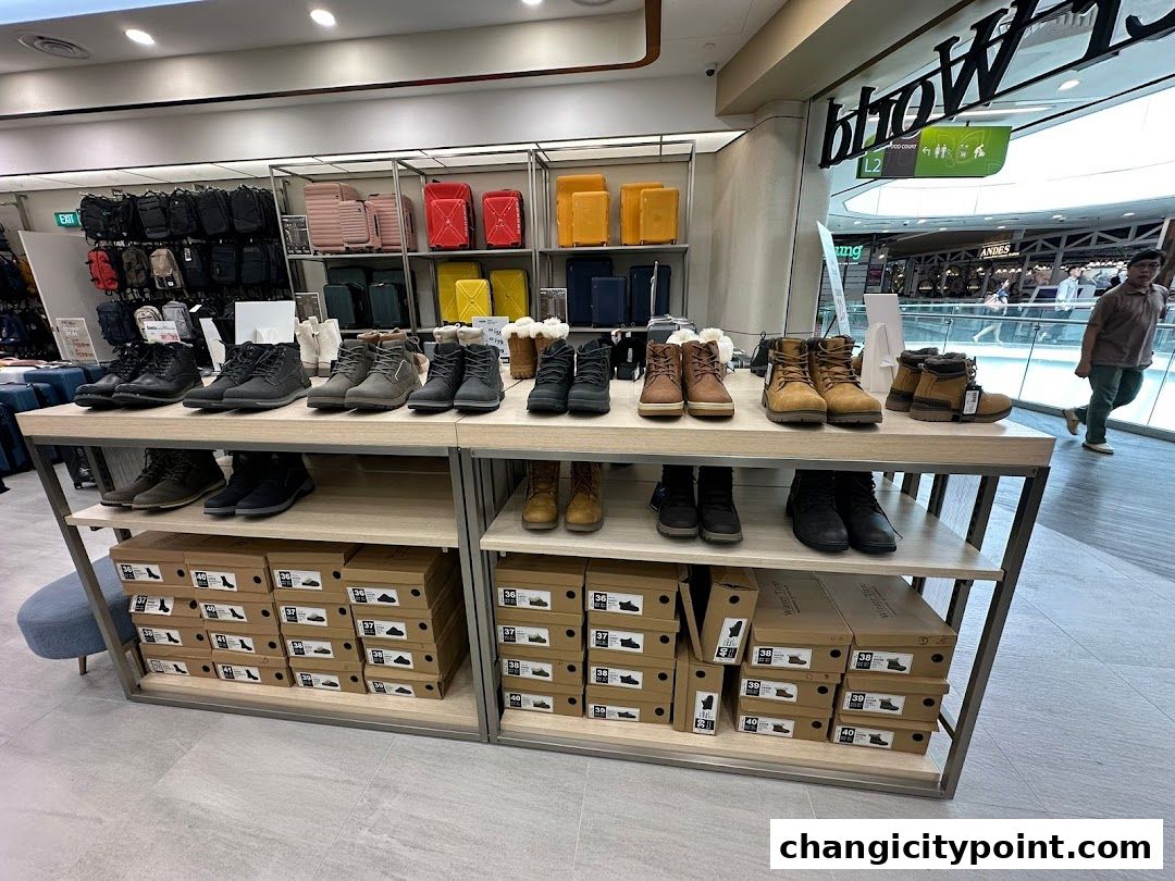 A retail store display featuring boots and luggage, with boxes stacked below.