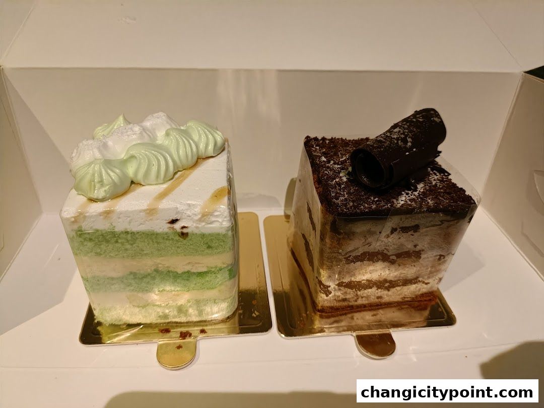 Two delicious slices of cake, one green and white, the other chocolate, presented in a box.
