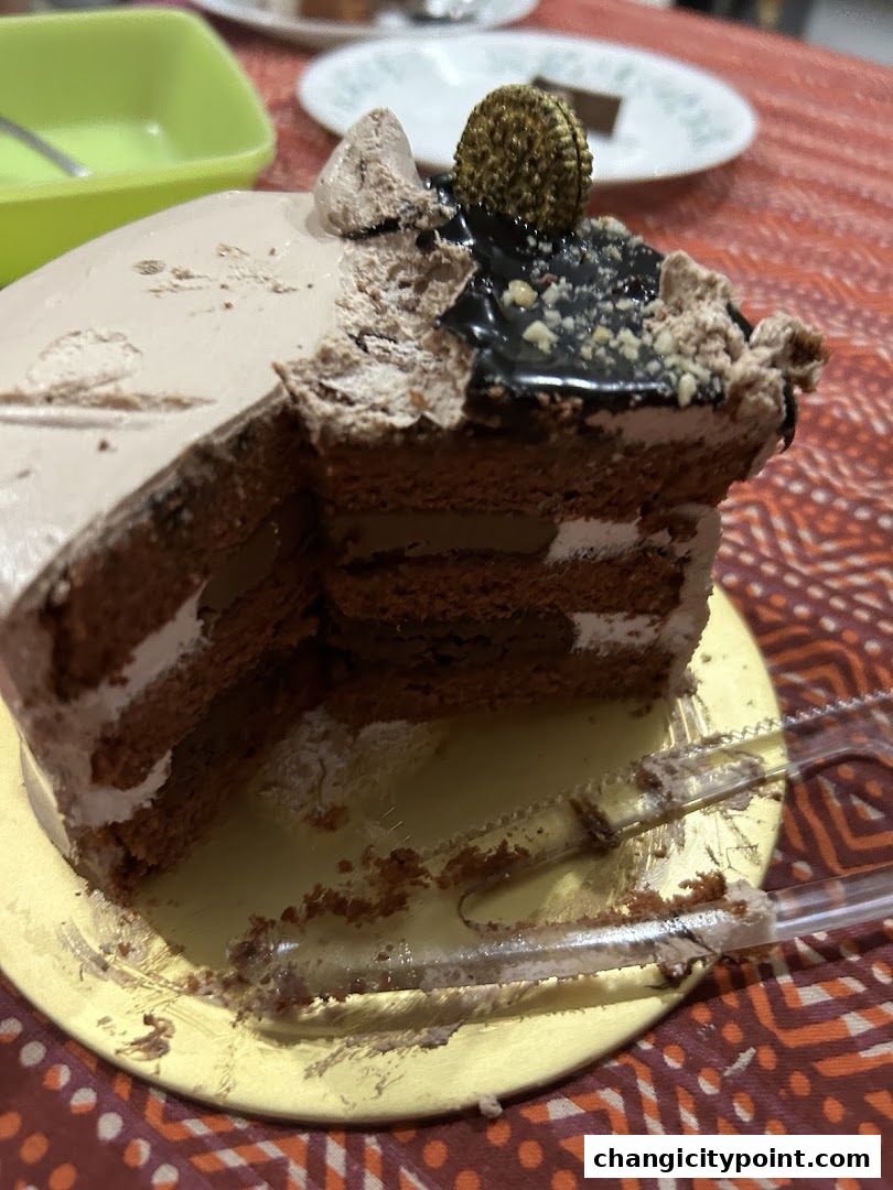 A decadent chocolate cake with layers of cream and frosting, partially eaten.